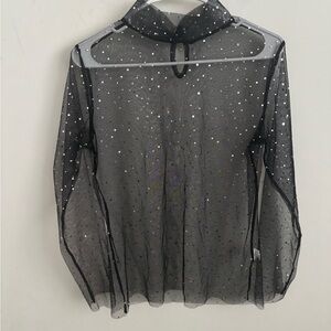 Y2K Black Sheer Mesh Glitter M Mock Neck Top  Whimsigoth Fairy Indie Layering